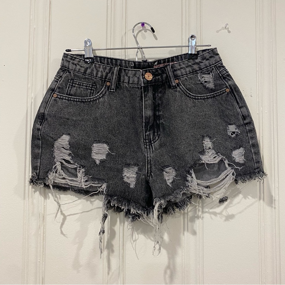 Distressed Black Denim Shorts